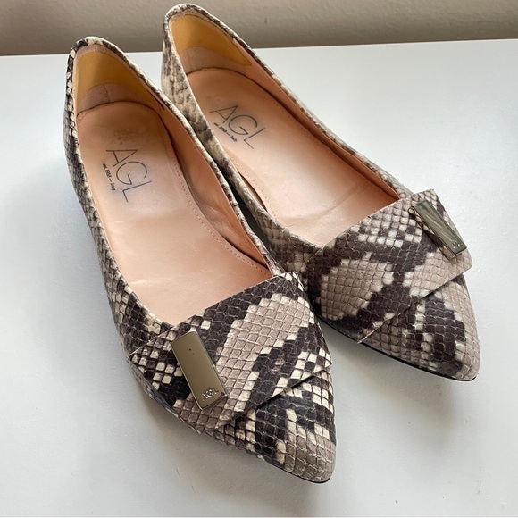 Agl Shoes - AGL Snake Print Ballet Flats Shoes Leather Pointed Toe Slip On Silver Hardware 7